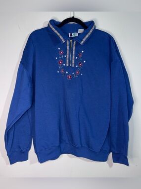 Vintage Bold Spirit XL Blue Floral Embroidered Quarter Zip Sweatshirt Collared